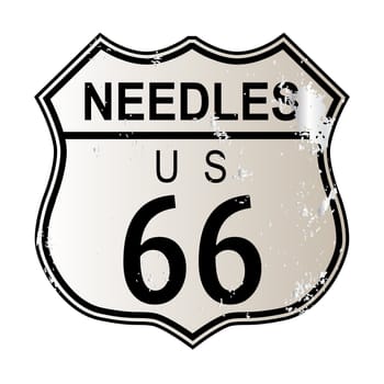 Needles Route 66 traffic sign over a white background and the legend ROUTE US 66