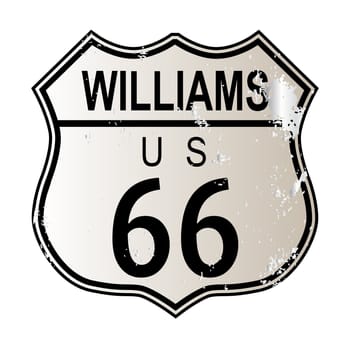 Williams Route 66 traffic sign over a white background and the legend ROUTE US 66