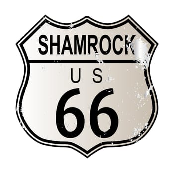 Shamrock Route 66 traffic sign over a white background and the legend ROUTE US 66