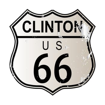 Clinton Route 66 traffic sign over a white background and the legend ROUTE US 66