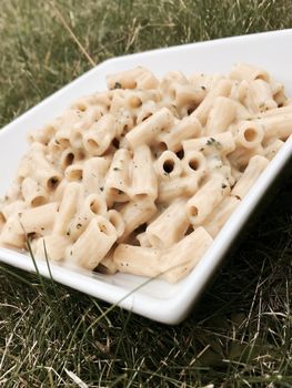 Tasty broccoli pasta in green garden. Outdoor food concept.