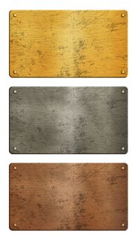 Close up three studded grunge brushed metal badge plates (golden, silver and copper) isolated on white background