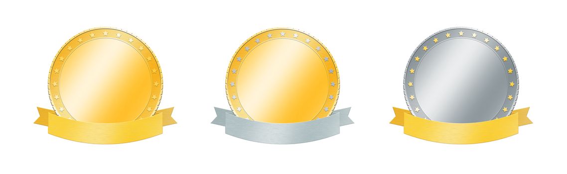 Set of three gold and silver achievement and award badges or medals with metal ribbon banners isolated on white background