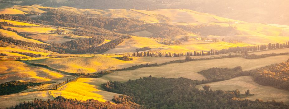 Evening in Tuscany. Hilly Tuscan landscape in golden mood at sunset time with silhouettes of cypresses and farm houses near Montaione, Italy.