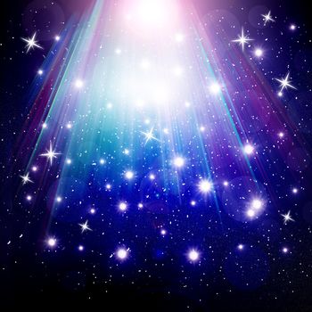 stars are falling on the background of blue luminous rays.