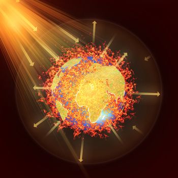 Earth atmosphere greenhouse effect scheme with sun rays and planet