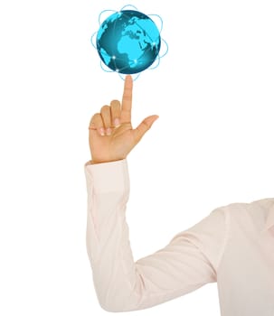 Business woman holding a glowing earth globe in his hands on white background