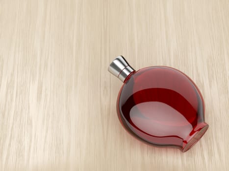 Red liqueur bottle on wood table