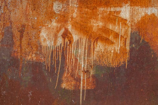 fragment of a rusty iron surface covered with old paint, which has long been under the influence of different climatic conditions