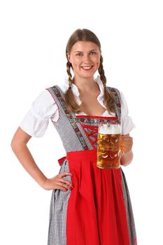 Beautiful Oktoberfest woman holding beer mug isolated on white background