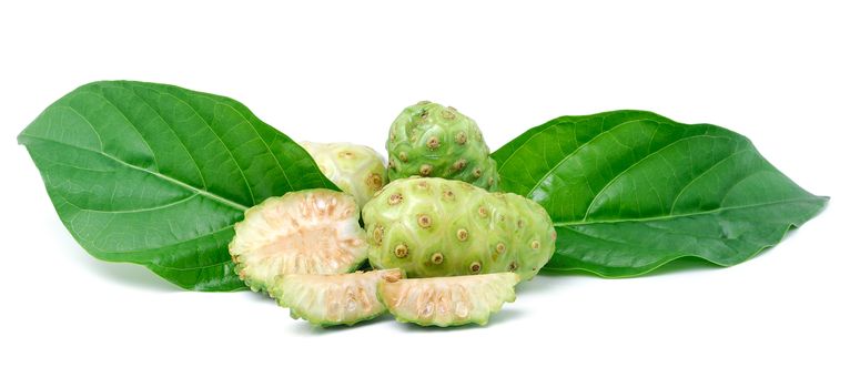 Exotic Fruit - Noni with  leaf on white background