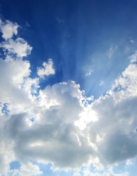 Blue sky with clouds and sun.