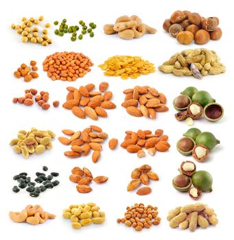 almond ,macadamia nuts, peanut , black beans, Cashew Nuts, green beans, soy beans  isolated on white background