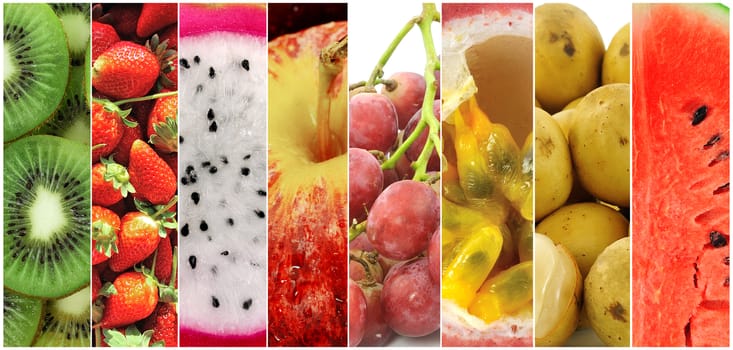 Strawberry, kiwi fruit, berries, grapes, apples, watermelon, passion fruit ,  Healthy food background