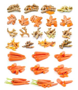 turmeric, carrot  isolated on white background