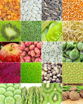 Corn, sunflower seeds, pumpkin seeds, raisins, kiwi, Broccoli , sprouts, green beans, apple, lemon, lime, cucumber, asparagus, eggplant, onions, fruit, mushrooms