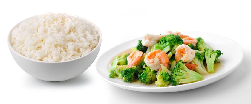rice with thai healthy food stir-fried broccoli with  shrimp