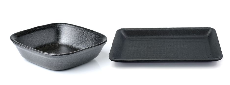 Black empty food tray. Isolated on white background