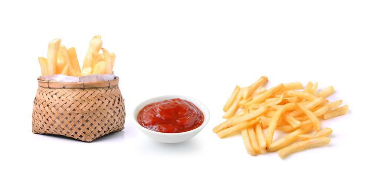 tomato sauce and french fries  isolated on white background