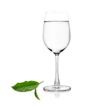 Glass of water and tea leaves ilsolated on white background