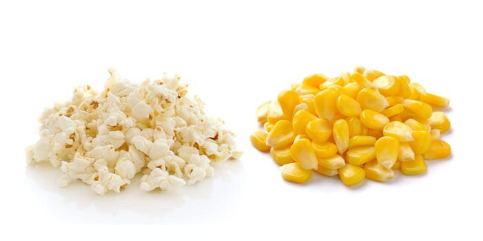 Sweet whole kernel corn and pop corn on white background