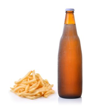 French fries and beer on white background