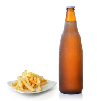 French fries and beer on white background