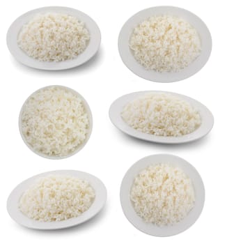 set of cooked rice in a white plate on white background