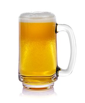 Mug fresh beer with cap of foam isolated on white background