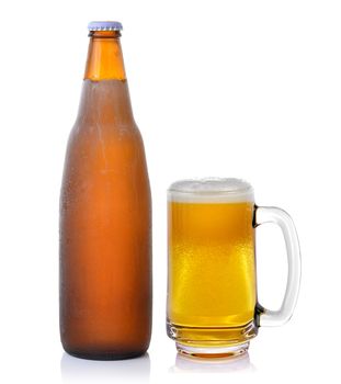 Mug fresh beer and Beer bottle on a white background