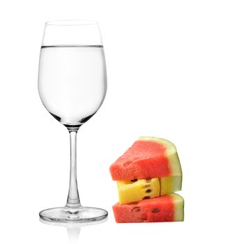 Glass of water and watermelon isolated on white background