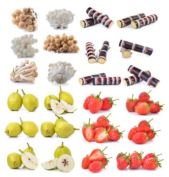 Strawberry , sugar cane, brown beech mushroom ,pear on white background