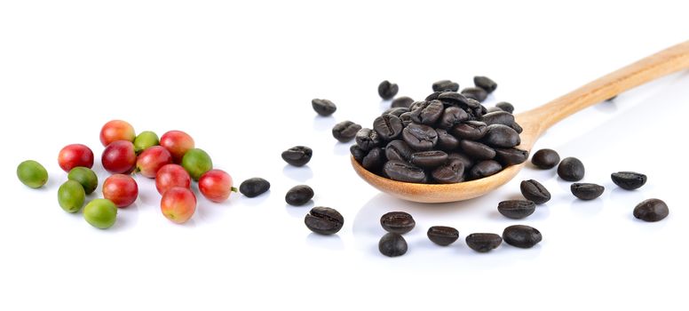  coffee beans with wooden spoon isolated on white background