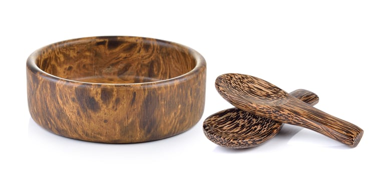 wood bowl and wood spoon on white background