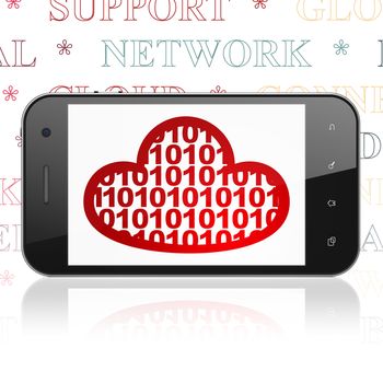 Cloud technology concept: Smartphone with  red Cloud With Code icon on display,  Tag Cloud background, 3D rendering