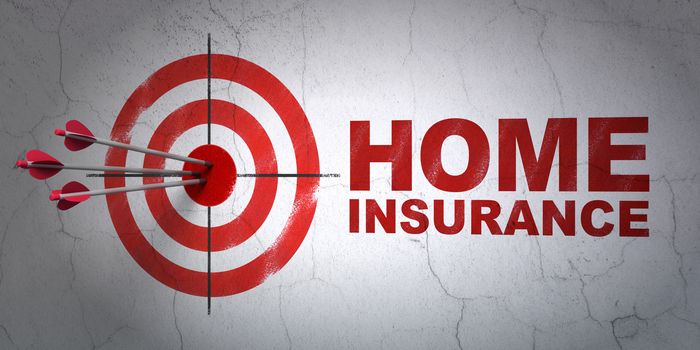 Success Insurance concept: arrows hitting the center of target, Red Home Insurance on wall background, 3D rendering