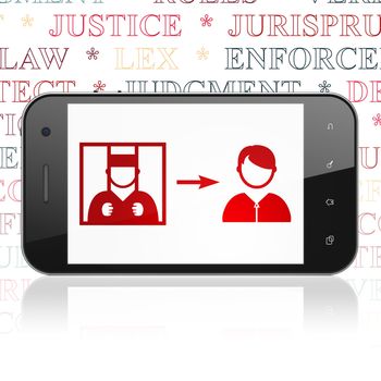 Law concept: Smartphone with  red Criminal Freed icon on display,  Tag Cloud background, 3D rendering