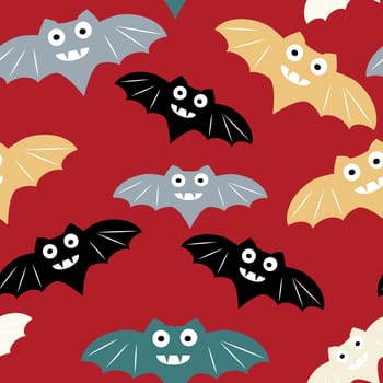 Halloween seamless pattern with colorful bat. Beautiful background for decoration halloween designs. Cute minimalistic art elements on white backdrop.