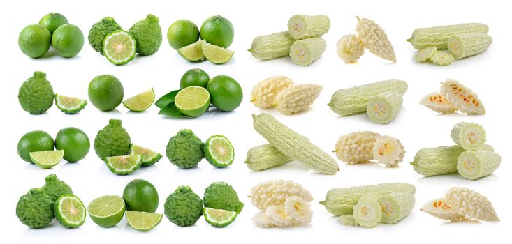 white bitter melon and Bergamot fruit and lime on a white background