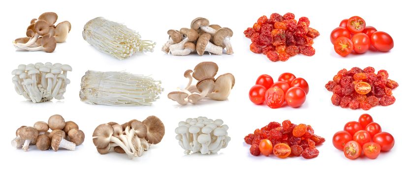 red cherry tomatoes , dried tomato and Shiitake mushroom , Enoki mushroom, White beech mushrooms, oyster mushroom on the White background