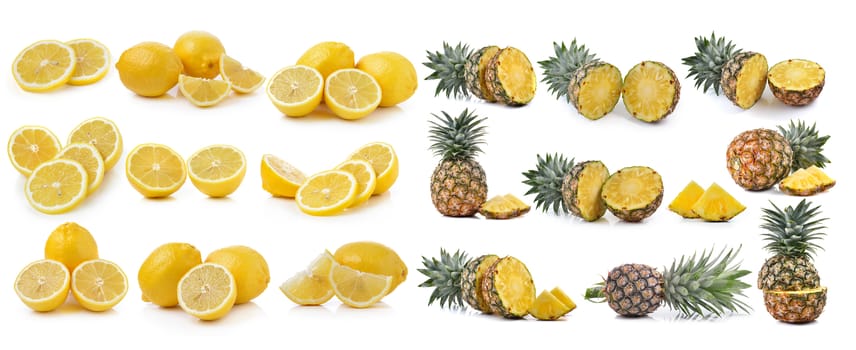 Fresh lemon and pineapple on white background