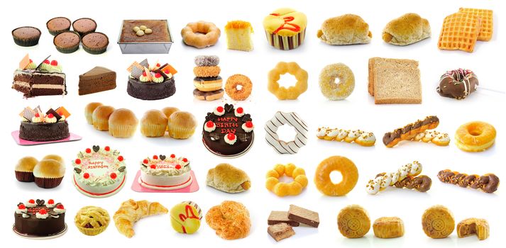 Bread, donuts, cakes, bread, sausage,  Mooncakes isolated on white background