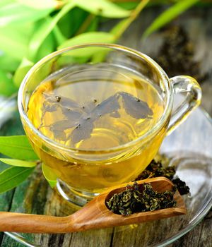 Cups of green tea on table on wooden background