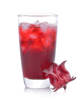 roselle flower juice in glass with ice isolated on white background