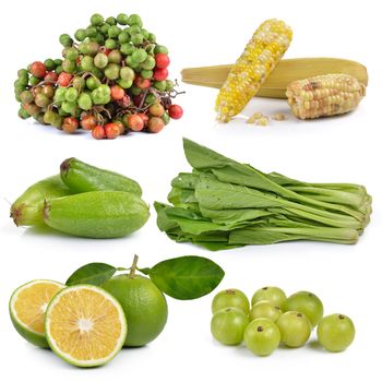 sweet orange, Indian gooseberries, Bilimbi (Averhoa bilimbi Linn.), waxy corn, Chinese mustard, Spondias lakhonensis on white background