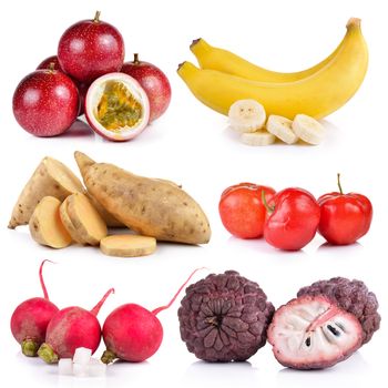 Small radish, banana, Purple custard apple, Ripe thai cherry, Sweet potato,  Passion fruit  on white background