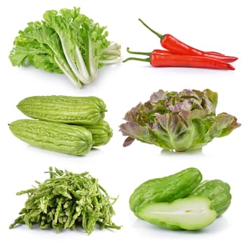 asparagus, apple, Chayote, Momordica charantia, Green Oak, chili, lettuce on white background