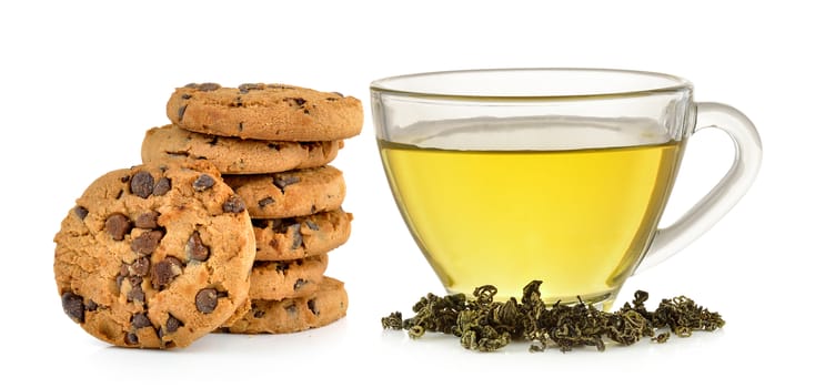 Glass cup of  green tea and Chocolate chip cookie on white background