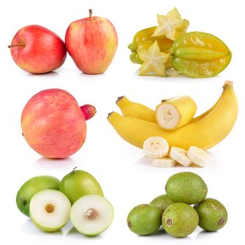 pomegranates, Wild olive, bananas, Monkey apple, star apple, apple on white background