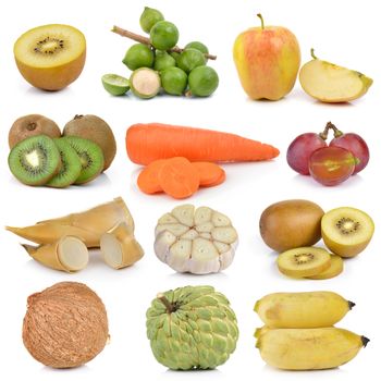 Kiwi, macadamia, nuts, grapes, apples, carrots, asparagus, garlic, lemon, coconut custard, banana on white background